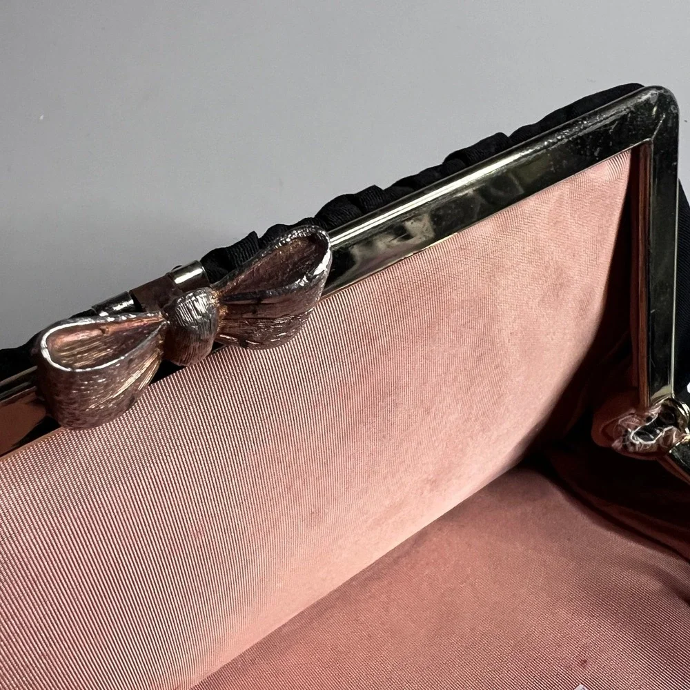 Vintage Black Fabric Evening Clutch Bag Silver Bow Clasp Pink Lining Made in USA